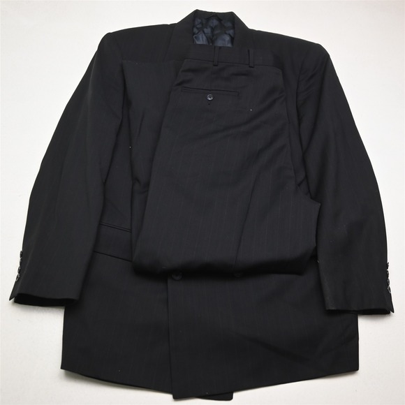 Vtg Mens Double Breasted 44R 36x30 Navy Blue Striped 100% Wool Jacket Pants Suit